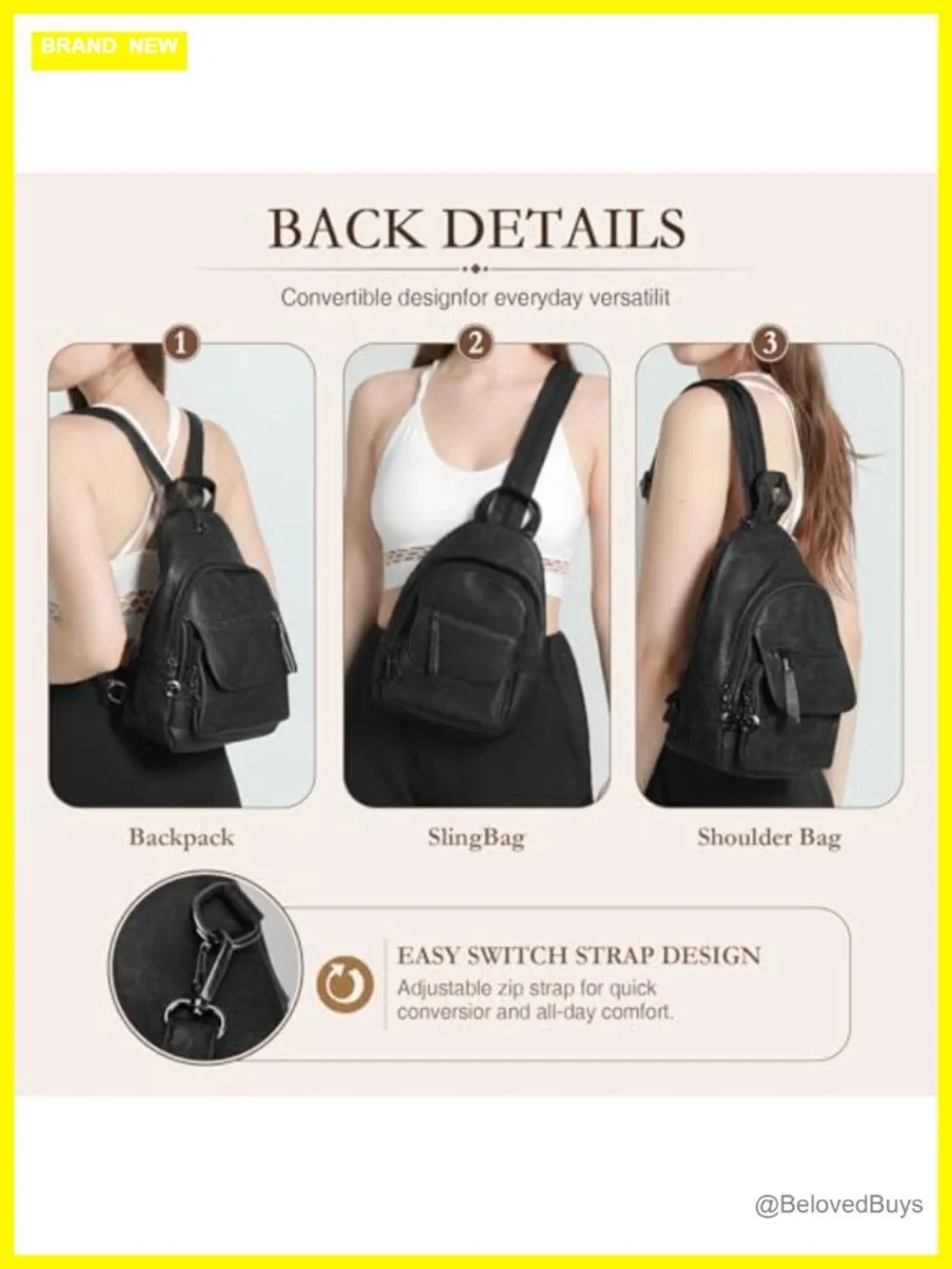 Faux Leather Convertible Sling Backpack Purse with Pockets, Anti-Theft Women's
